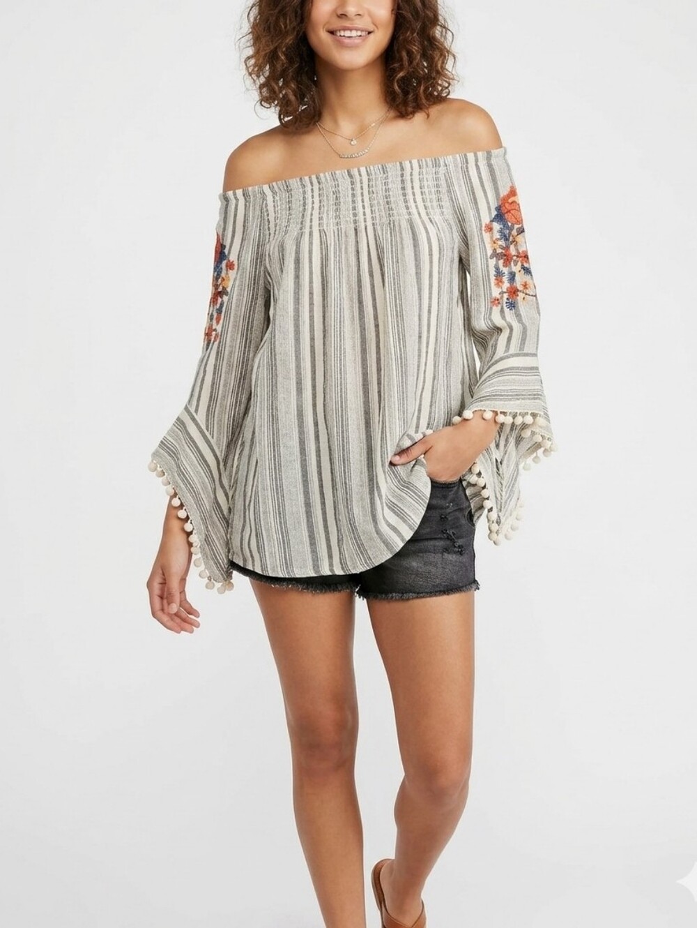 Studio West Women's Boho Peasant Blouse, Embroidery, Pom Fringe, M